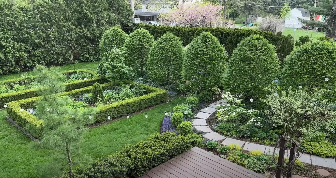 Custom landscape design with curved pathways and garden beds in Placentia, CA